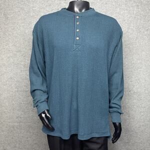 Vtg 90s Y2K AZ Sport Men's Large Henley Dark Teal 1/4 Button Long Slv Minimalist